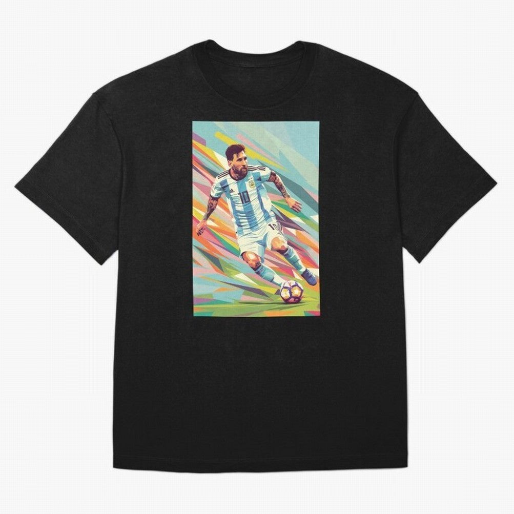 Messi in action Graphic poster design Oversized T-Shirt Stand with FIFA World Cup 2026 with Messi, CR7 and Mbappe, England, France and Netherlands Energy, Classic Soccer Heritage, Championship Pressure, Fan Loyalty and International Pride; Perfect