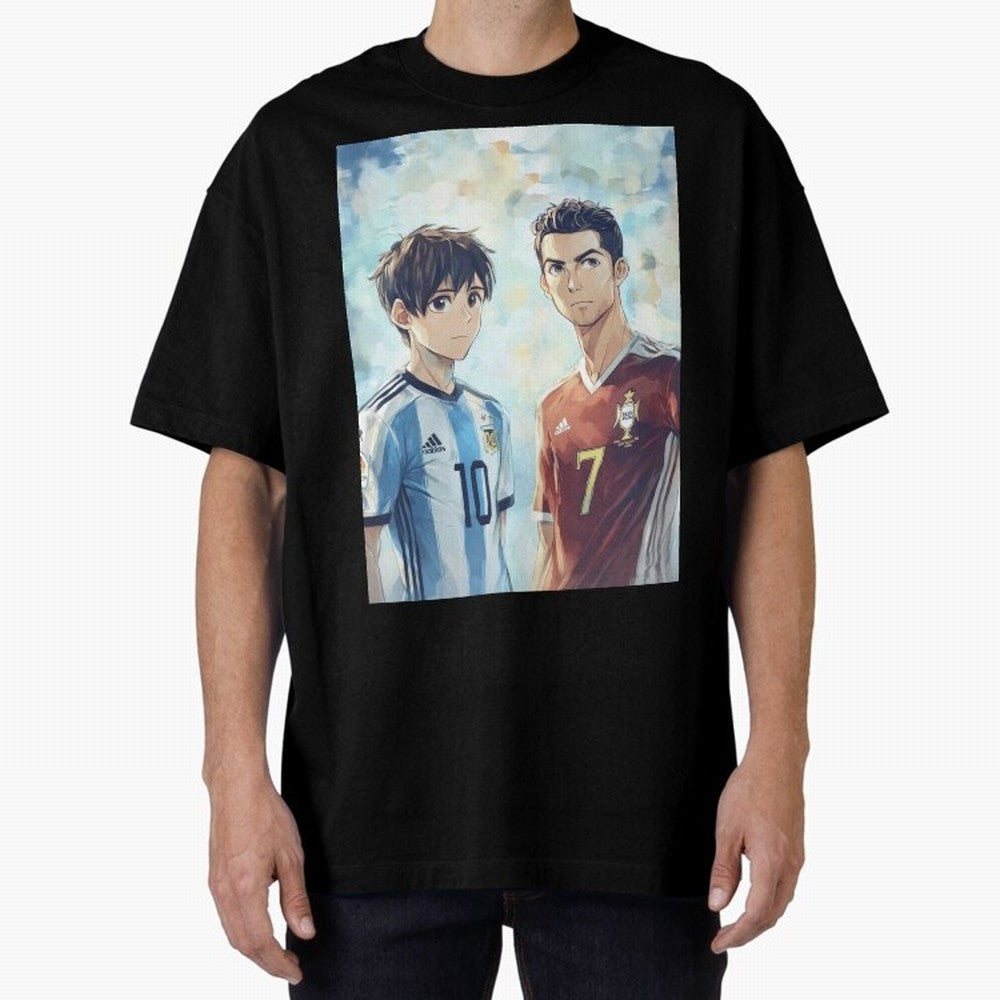 Lionel Messi and Cristiano Ronaldo Oversized T-Shirt Stand with Match Day Hype around FIFA World Cup 2026, Messi, Portugal, Spain and Germany, Stadium Memories, Football Loyalty, International Chants and Championship Tradition; Created for Match