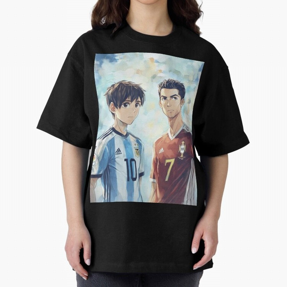 Lionel Messi and Cristiano Ronaldo Oversized T-Shirt Stand with Match Day Hype around FIFA World Cup 2026, Messi, Portugal, Spain and Germany, Stadium Memories, Football Loyalty, International Chants and Championship Tradition; Created for Match