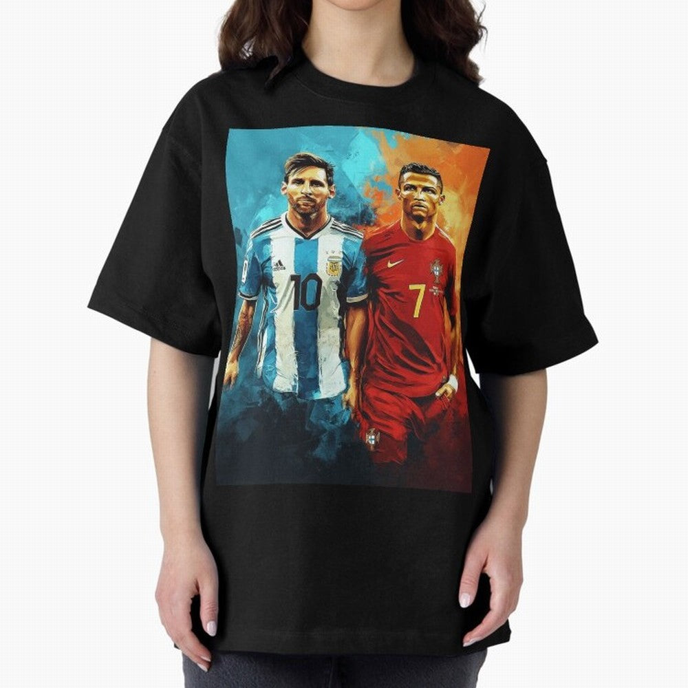 Lionel Messi and Cristiano Ronaldo Oversized T-Shirt Follow the Road to FIFA World Cup 2026 Group Stage for Fans of Mbappe and Portugal, Spain and Germany, Bringing Worldwide Fan Energy, Dramatic Goals, Stadium Lights and Championship Celebrations;