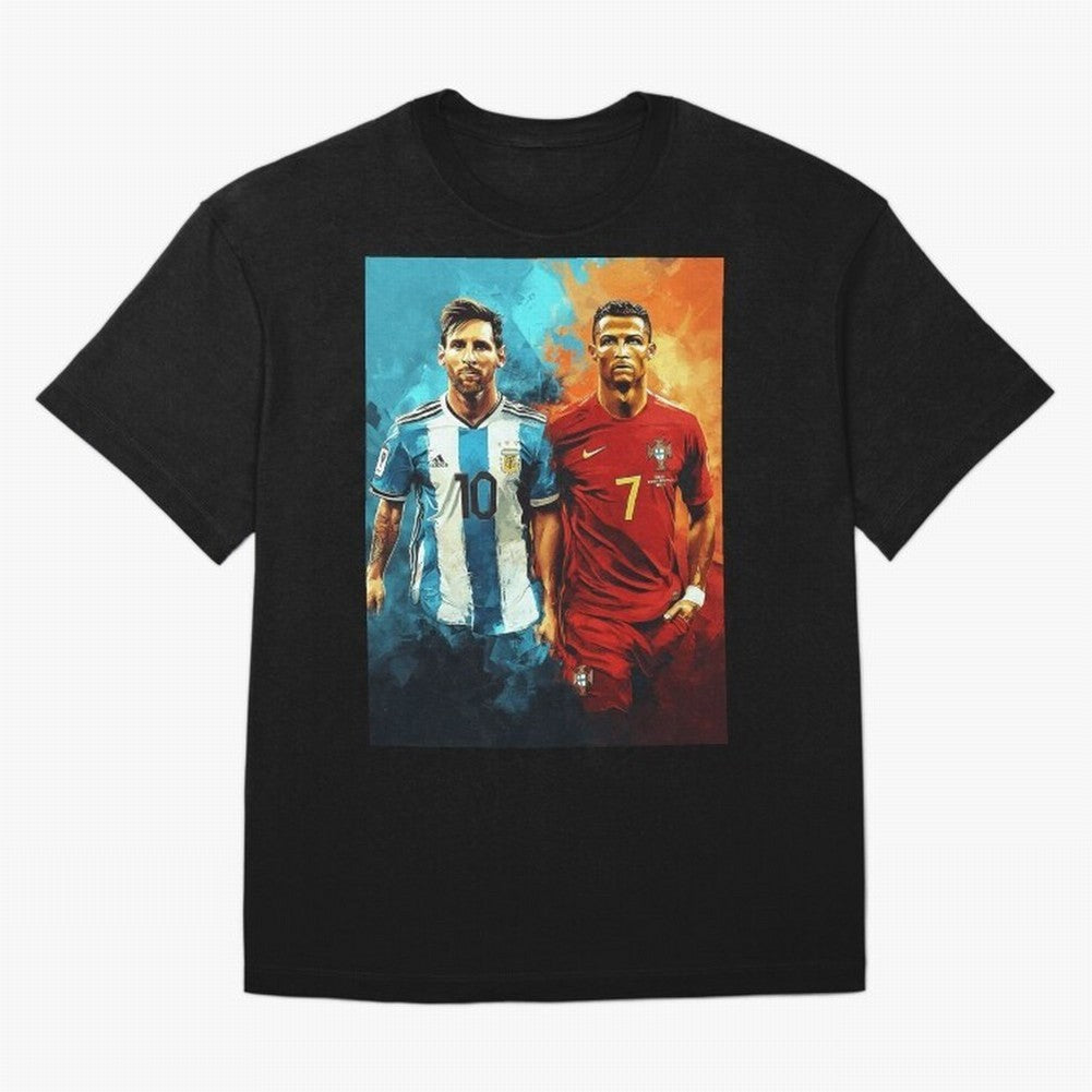 Lionel Messi and Cristiano Ronaldo Oversized T-Shirt Follow the Road to FIFA World Cup 2026 Group Stage for Fans of Mbappe and Portugal, Spain and Germany, Bringing Worldwide Fan Energy, Dramatic Goals, Stadium Lights and Championship Celebrations;
