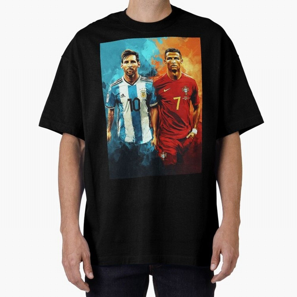 Lionel Messi and Cristiano Ronaldo Oversized T-Shirt Follow the Road to FIFA World Cup 2026 Group Stage for Fans of Mbappe and Portugal, Spain and Germany, Bringing Worldwide Fan Energy, Dramatic Goals, Stadium Lights and Championship Celebrations;