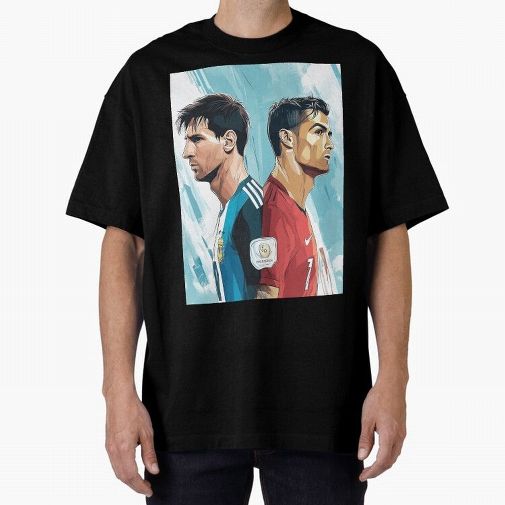 Lionel Messi and Cristiano Ronaldo Oversized T-Shirt Celebrate the Biggest Stage of Match Day Hype around FIFA World Cup 2026 USA Canada Mexico, CR7 and Messi, Argentina, France and Brazil, Worldwide Fan Energy, Dramatic Goals, Stadium Lights and