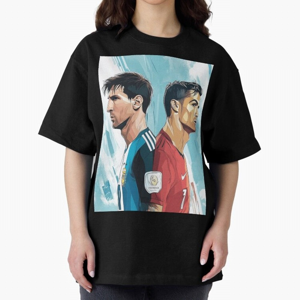 Lionel Messi and Cristiano Ronaldo Oversized T-Shirt Celebrate the Biggest Stage of Match Day Hype around FIFA World Cup 2026 USA Canada Mexico, CR7 and Messi, Argentina, France and Brazil, Worldwide Fan Energy, Dramatic Goals, Stadium Lights and