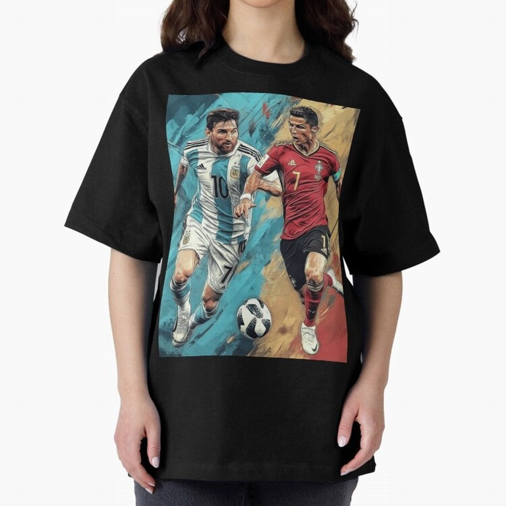 Lionel Messi and Cristiano Ronaldo Oversized T-Shirt Bring a Champion Mindset to Global Football Passion for FIFA World Cup 2026, Built around Cristiano Ronaldo, Argentina, France and Brazil, Worldwide Fan Energy, Dramatic Goals, Stadium Lights and