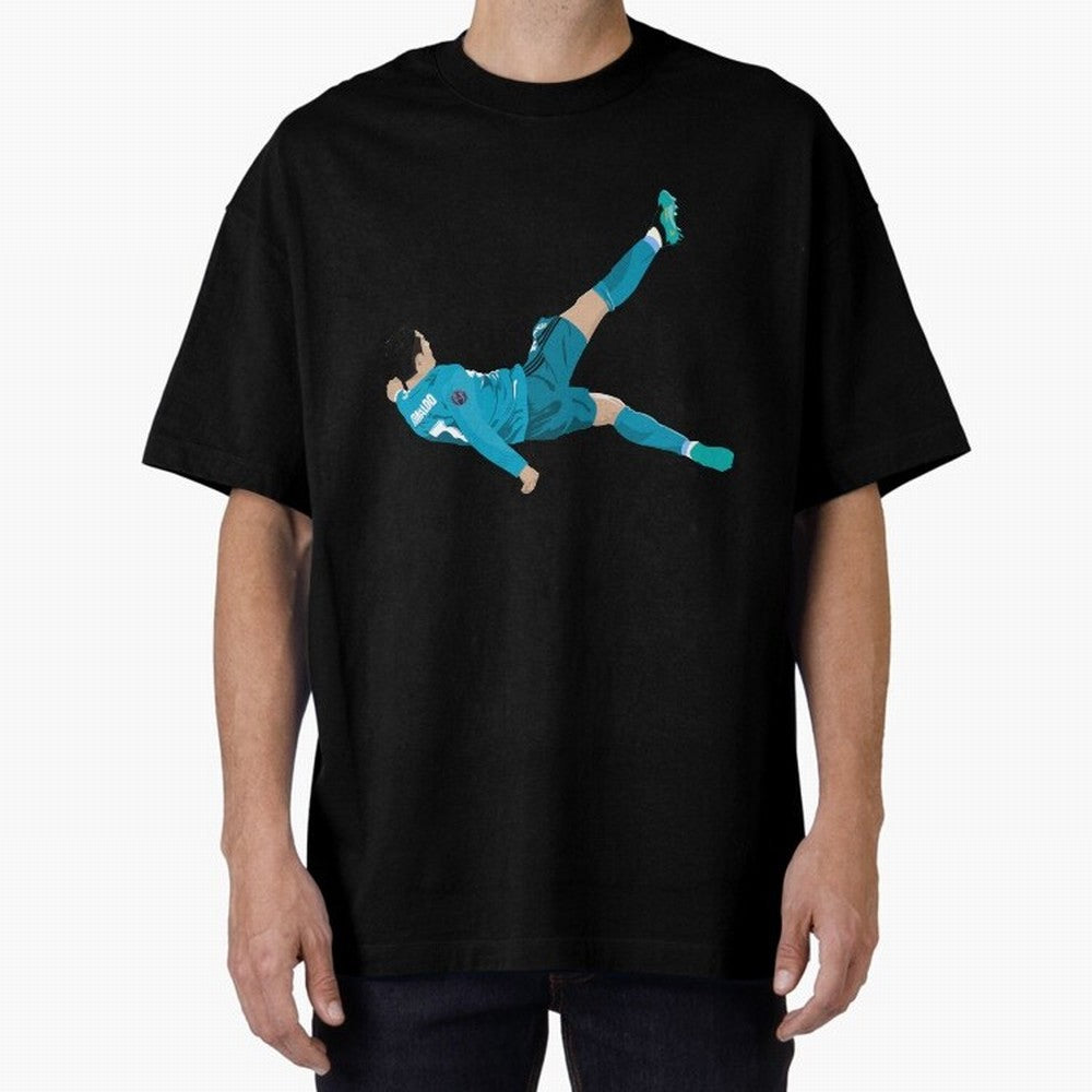 Cristiano Ronaldo Bicycle Kick Oversized T-Shirt Join the Countdown to Global Football Passion for FIFA World Cup 2026 Group Stage, Inspired by Messi, Spain and Netherlands, Classic Soccer Heritage, Championship Pressure, Fan Loyalty and