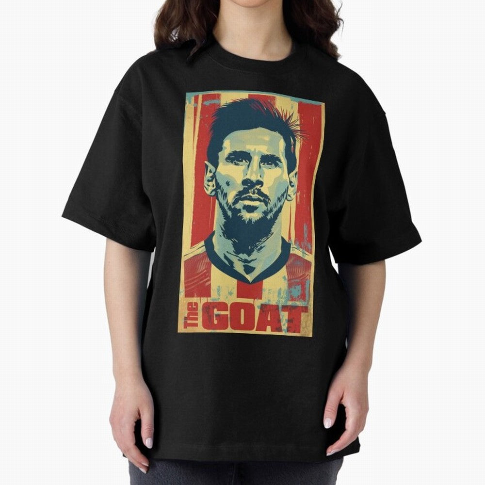Messi The GOAT Graphic poster design Oversized T-Shirt Refresh FIFA World Cup 2026 Group Stage Inspired by CR7 and Messi, Netherlands Energy, Vintage Soccer Flavor, Modern Football Stars, National Flags and Final Night Emotion; Great for Watch