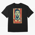 Messi The GOAT Graphic poster design Oversized T-Shirt Refresh FIFA World Cup 2026 Group Stage Inspired by CR7 and Messi, Netherlands Energy, Vintage Soccer Flavor, Modern Football Stars, National Flags and Final Night Emotion; Great for Watch