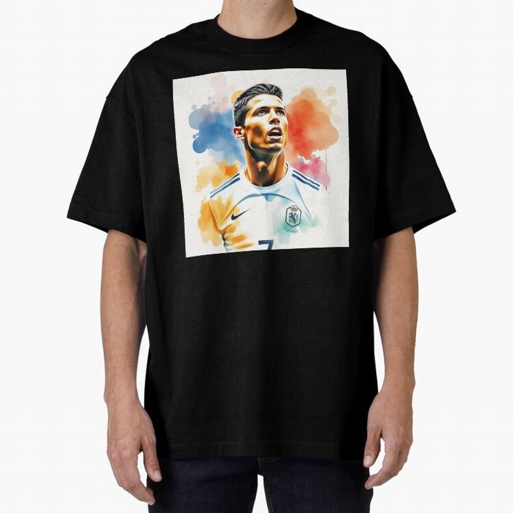 Cristiano Ronaldo Watercolor Panting Oversized T-Shirt Enjoy the Biggest Football Party of Global Football Passion for FIFA World Cup 2026 Group Stage, Celebrating CR7 and Messi, Argentina, France and Brazil, Classic Soccer Heritage, Championship
