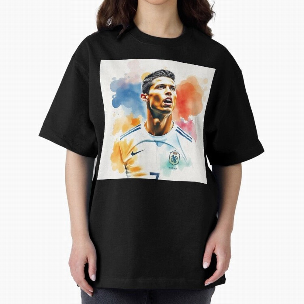 Cristiano Ronaldo Watercolor Panting Oversized T-Shirt Enjoy the Biggest Football Party of Global Football Passion for FIFA World Cup 2026 Group Stage, Celebrating CR7 and Messi, Argentina, France and Brazil, Classic Soccer Heritage, Championship