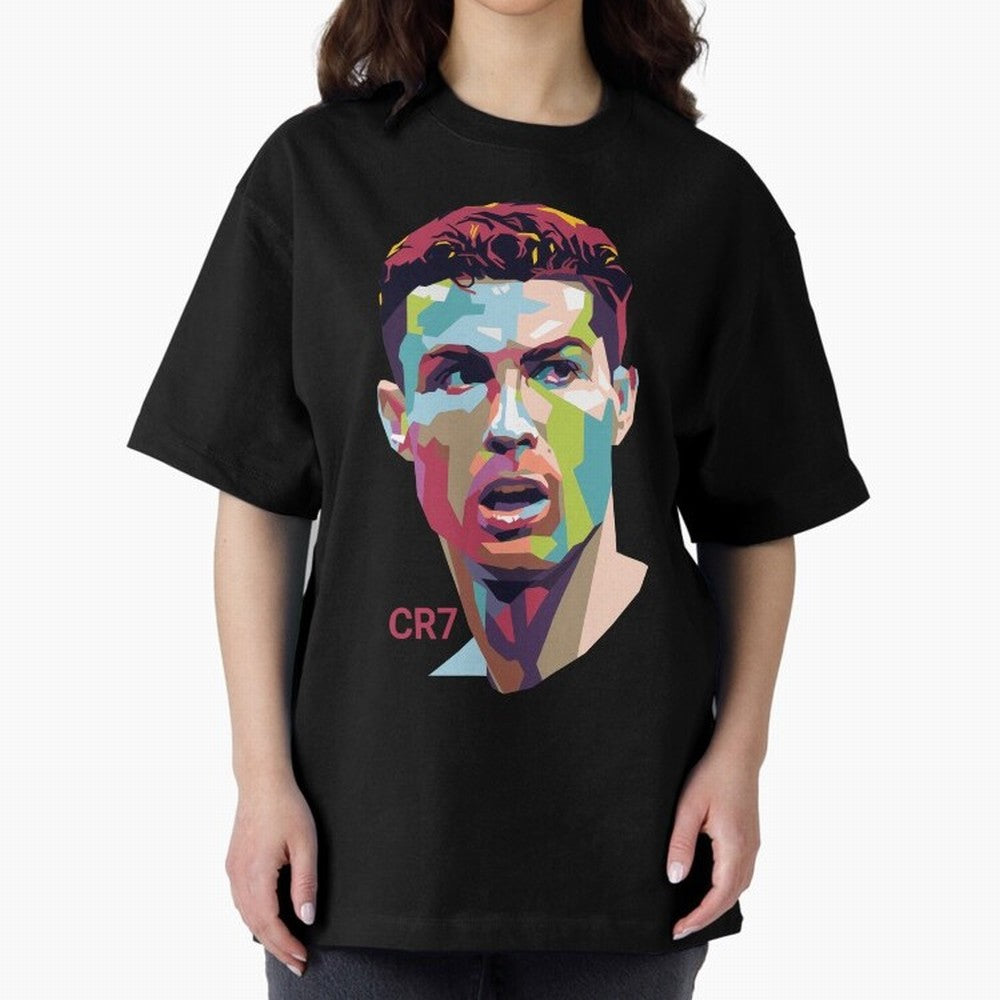 Cristiano Ronaldo Pop Art Portrait Oversized T-Shirt Capture FIFA World Cup 2026 USA Canada Mexico Spirit, Featuring Brazil, Cristiano Ronaldo, Haaland and CR7, Championship Spirit, Famous Goals, Roaring Crowds and International Football Unity;