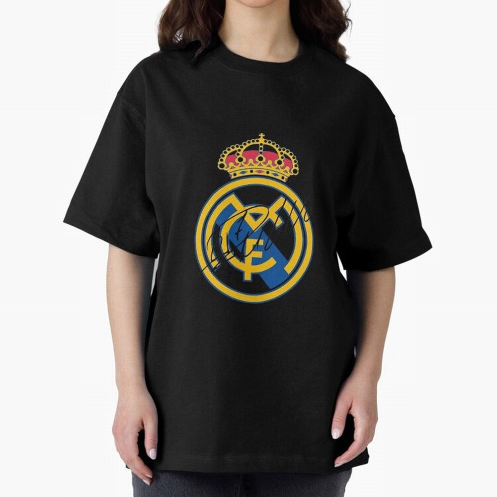 Real Madrid C.F. crest with Cristiano Ronaldo's autograph Oversized T-Shirt Unlock Global Football Passion for FIFA World Cup 2026 USA Canada Mexico, Capturing Neymar, Argentina, Classic Soccer Heritage, Championship Pressure, Fan Loyalty and