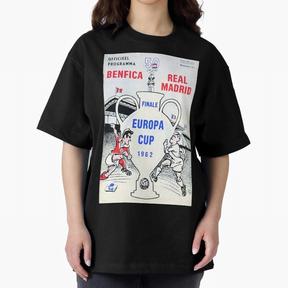 Vintage Champions League Final Poster - Real Madrid vs Benfica Oversized T-Shirt Represent Football Lovers during the FIFA World Cup 2026 Group Stage Journey through Neymar, Haaland and Cristiano Ronaldo Highlights, England and Germany Pride,