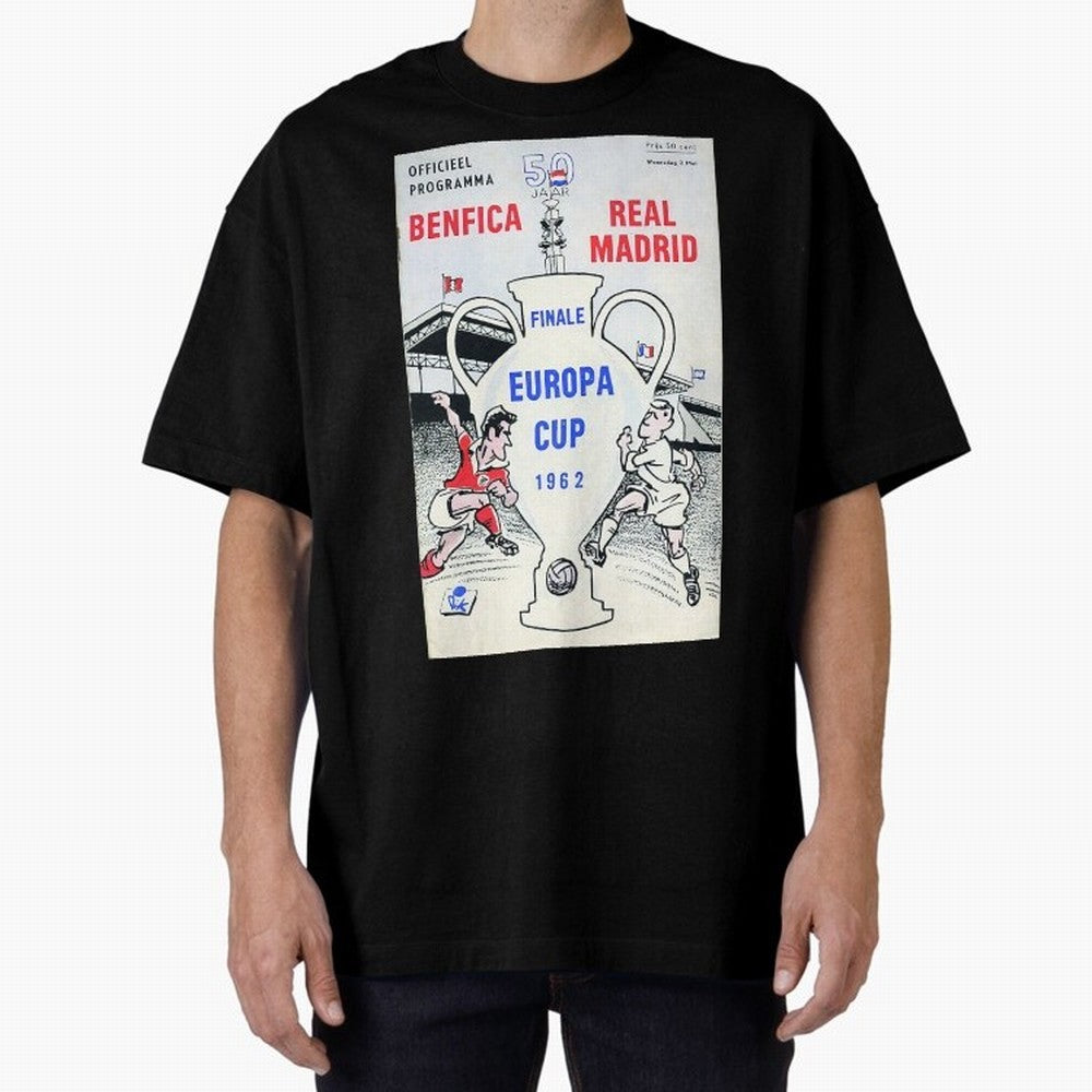Vintage Champions League Final Poster - Real Madrid vs Benfica Oversized T-Shirt Represent Football Lovers during the FIFA World Cup 2026 Group Stage Journey through Neymar, Haaland and Cristiano Ronaldo Highlights, England and Germany Pride,