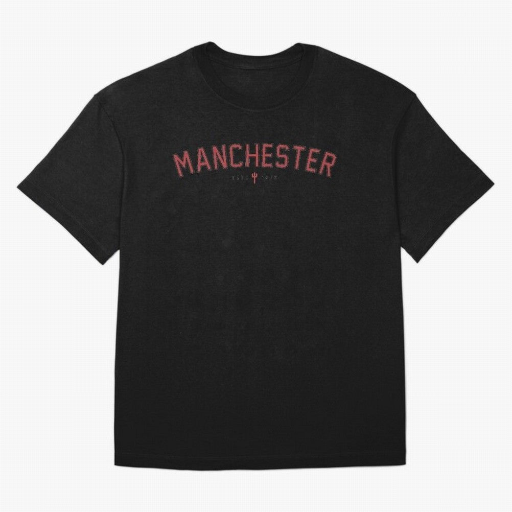 Manchester Retro Typography - MUFC Unofficial Merch Oversized T-Shirt Carry the Dream of FIFA World Cup 2026 Group Stage Connected to Neymar, Haaland and Cristiano Ronaldo, Brazil Energy, Football History, Final Match Energy, Crowd Noise and Once
