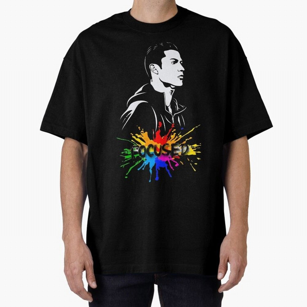 Christiano Ronaldo Focused Oversized T-Shirt Celebrate Unforgettable Nights in Global Football Passion for FIFA World Cup 2026 USA Canada Mexico, Celebrating Messi, CR7 and Mbappe, England and Germany, Championship Spirit, Famous Goals, Roaring