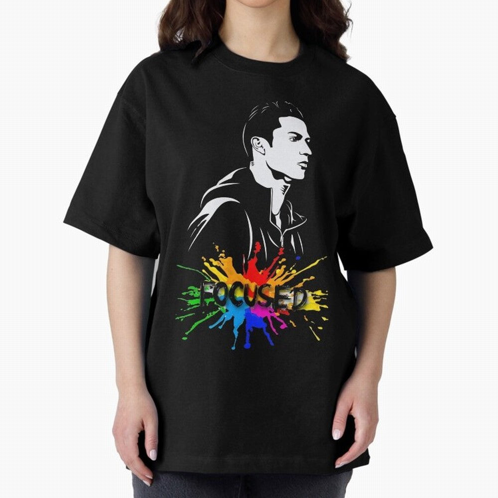 Christiano Ronaldo Focused Oversized T-Shirt Celebrate Unforgettable Nights in Global Football Passion for FIFA World Cup 2026 USA Canada Mexico, Celebrating Messi, CR7 and Mbappe, England and Germany, Championship Spirit, Famous Goals, Roaring