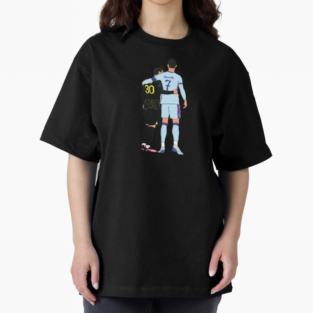 Messi and Ronaldo Reunion Illustration Oversized T-Shirt Showcase FIFA World Cup 2026 Group Stage Spirit, with Argentina, CR7 and Messi, Stadium Chants, National Pride, Trophy Dreams and Unforgettable Football Memories; Perfect for Supporters Who