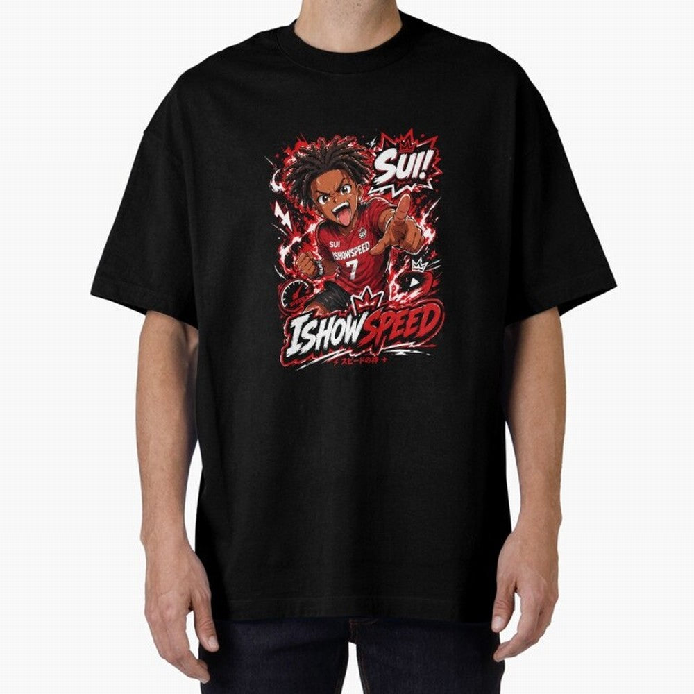 I Show Speed SUI Anime poster | Hype art Red Black Streewear Oversized T-Shirt Show Love for Legendary Goals in Match Day Hype around FIFA World Cup 2026 Group Stage, Messi and Cristiano Ronaldo, England, France and Netherlands, Sports Nostalgia,
