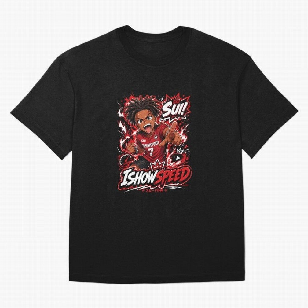 I Show Speed SUI Anime poster | Hype art Red Black Streewear Oversized T-Shirt Show Love for Legendary Goals in Match Day Hype around FIFA World Cup 2026 Group Stage, Messi and Cristiano Ronaldo, England, France and Netherlands, Sports Nostalgia,