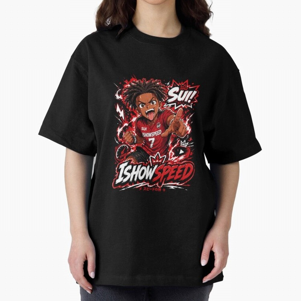 I Show Speed SUI Anime poster | Hype art Red Black Streewear Oversized T-Shirt Show Love for Legendary Goals in Match Day Hype around FIFA World Cup 2026 Group Stage, Messi and Cristiano Ronaldo, England, France and Netherlands, Sports Nostalgia,