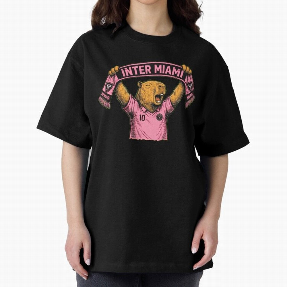 Capybara Inter Miami Fan Celebrating ¨C Funny Soccer Illustration with Scarf Oversized T-Shirt Discover Global Football Passion for FIFA World Cup 2026, Capturing Messi, Neymar and Mbappe, England, Game Day Rituals, Football Legends, Country Pride