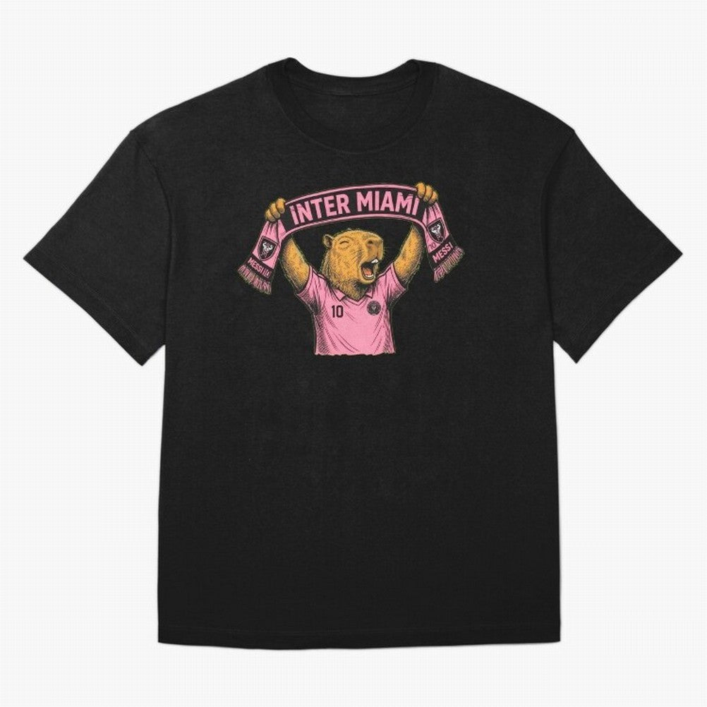 Capybara Inter Miami Fan Celebrating ¨C Funny Soccer Illustration with Scarf Oversized T-Shirt Discover Global Football Passion for FIFA World Cup 2026, Capturing Messi, Neymar and Mbappe, England, Game Day Rituals, Football Legends, Country Pride