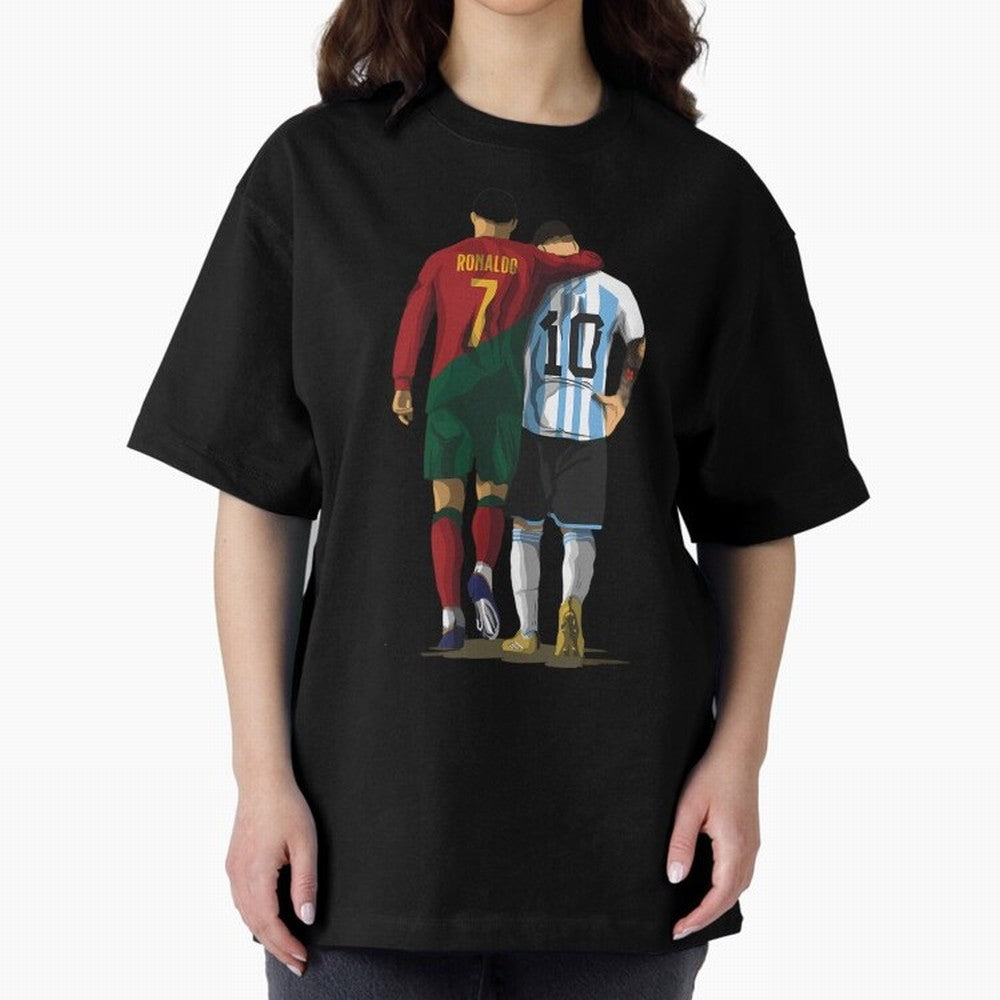 Messi Ronaldo Chit Chat Illustration Oversized T-Shirt Stand Proud for FIFA World Cup 2026 Made for Messi and Cristiano Ronaldo, Brazil Energy, Goal Celebration Energy, Supporter Heritage, Football Icons and Worldwide Tournament Joy; Made for Die