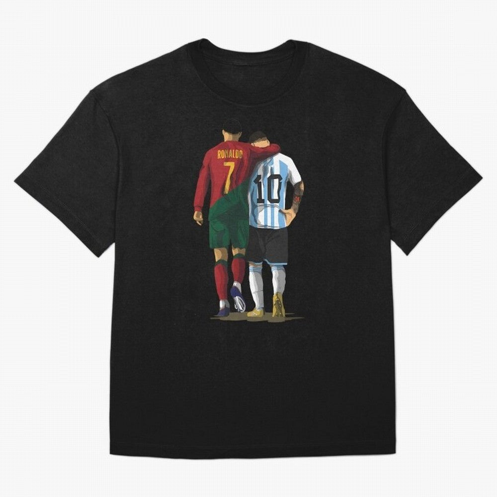 Messi Ronaldo Chit Chat Illustration Oversized T-Shirt Stand Proud for FIFA World Cup 2026 Made for Messi and Cristiano Ronaldo, Brazil Energy, Goal Celebration Energy, Supporter Heritage, Football Icons and Worldwide Tournament Joy; Made for Die