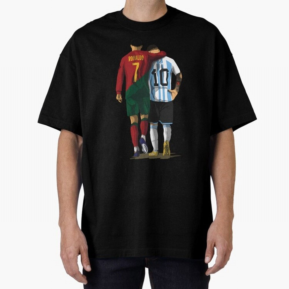 Messi Ronaldo Chit Chat Illustration Oversized T-Shirt Stand Proud for FIFA World Cup 2026 Made for Messi and Cristiano Ronaldo, Brazil Energy, Goal Celebration Energy, Supporter Heritage, Football Icons and Worldwide Tournament Joy; Made for Die