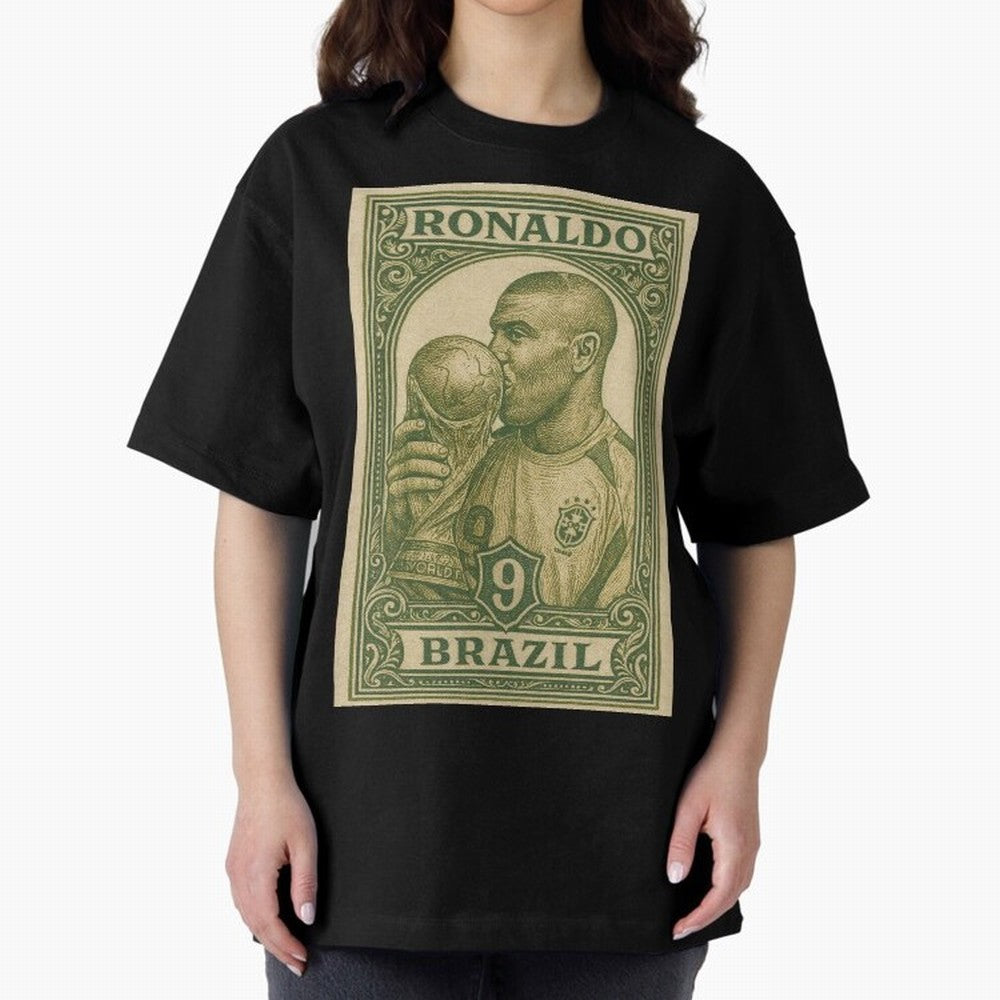 Vintage Brazilian Ronaldo Fenomeno R9 Football Legend Stamp Illustration ¨C Retro Soccer World Cup Art Print Oversized T-Shirt Bring Champion Energy into Match Day Hype around FIFA World Cup 2026 Group Stage, Haaland, Brazil, Portugal and