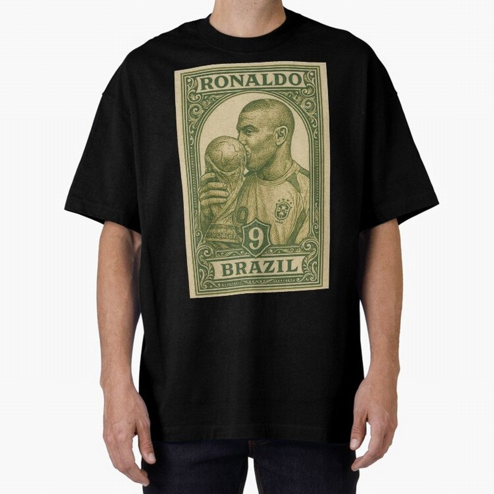 Vintage Brazilian Ronaldo Fenomeno R9 Football Legend Stamp Illustration ¨C Retro Soccer World Cup Art Print Oversized T-Shirt Bring Champion Energy into Match Day Hype around FIFA World Cup 2026 Group Stage, Haaland, Brazil, Portugal and
