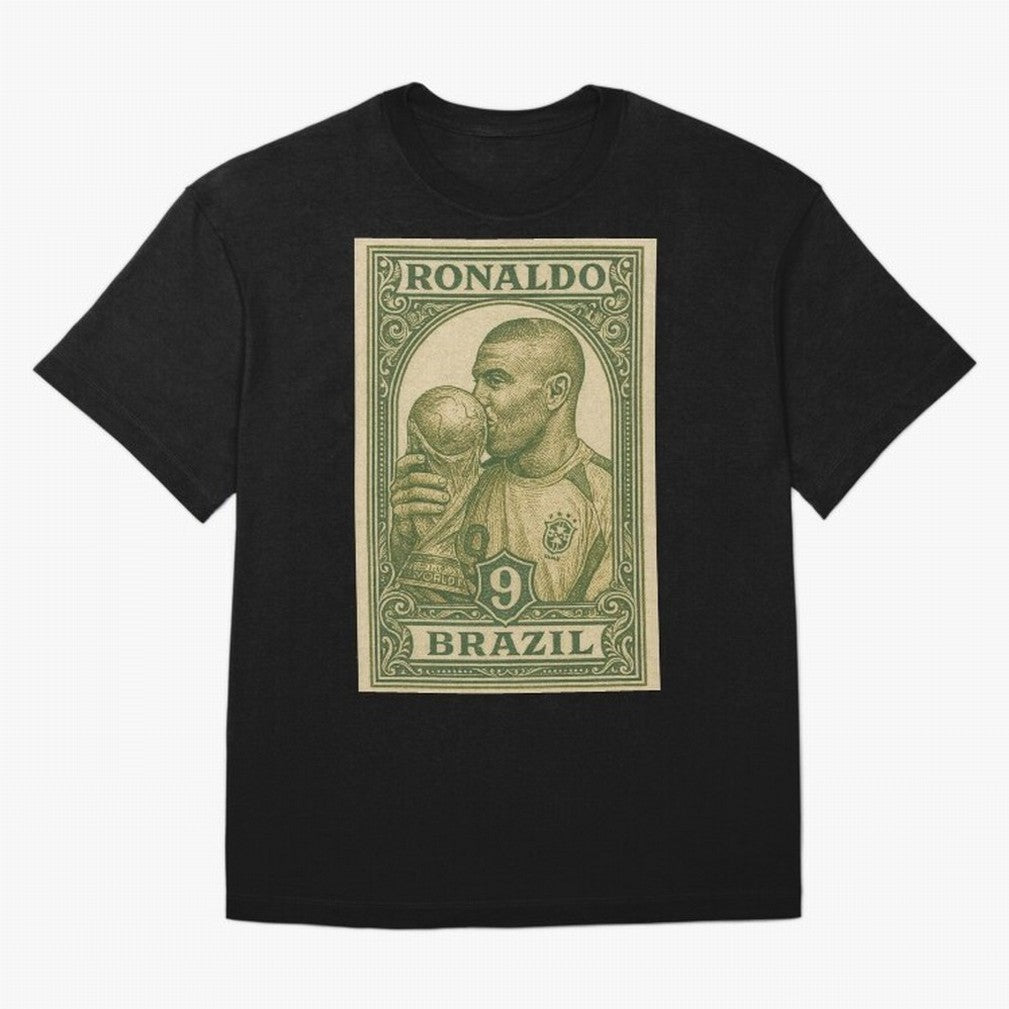 Vintage Brazilian Ronaldo Fenomeno R9 Football Legend Stamp Illustration ¨C Retro Soccer World Cup Art Print Oversized T-Shirt Bring Champion Energy into Match Day Hype around FIFA World Cup 2026 Group Stage, Haaland, Brazil, Portugal and