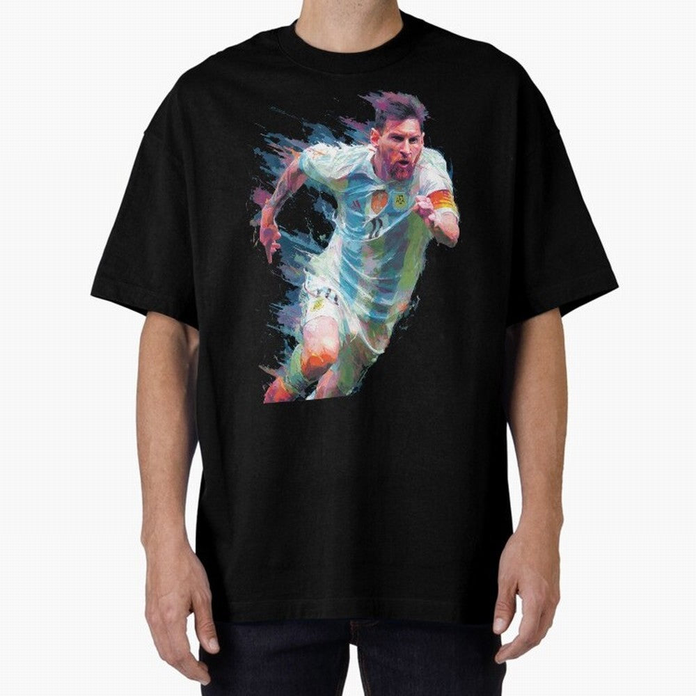 Messi in action Graphic Paint poster design Oversized T-Shirt Support FIFA World Cup 2026 Celebrating CR7 and Messi, Brazil, Portugal and Argentina Energy, Worldwide Fan Energy, Dramatic Goals, Stadium Lights and Championship Celebrations; Ideal