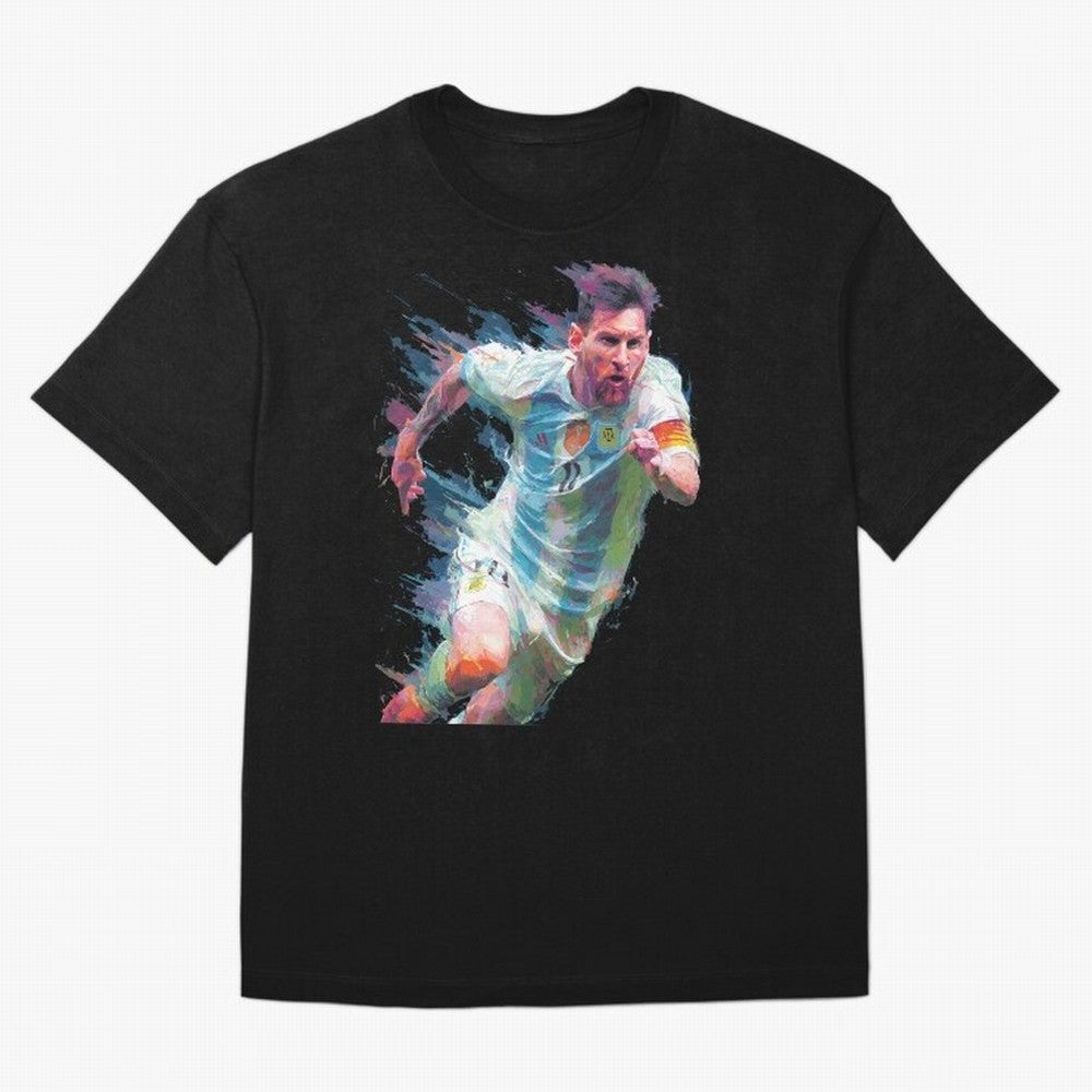 Messi in action Graphic Paint poster design Oversized T-Shirt Support FIFA World Cup 2026 Celebrating CR7 and Messi, Brazil, Portugal and Argentina Energy, Worldwide Fan Energy, Dramatic Goals, Stadium Lights and Championship Celebrations; Ideal