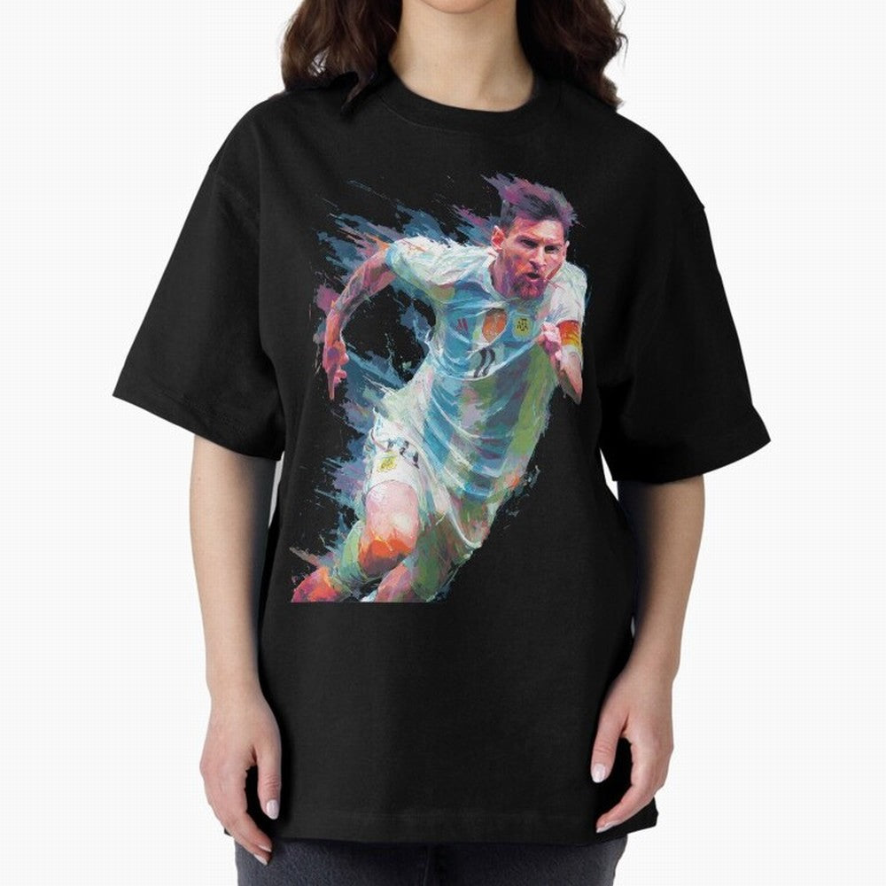 Messi in action Graphic Paint poster design Oversized T-Shirt Support FIFA World Cup 2026 Celebrating CR7 and Messi, Brazil, Portugal and Argentina Energy, Worldwide Fan Energy, Dramatic Goals, Stadium Lights and Championship Celebrations; Ideal