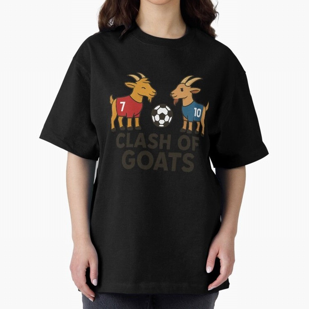 Clash of GOATs ¨C Funny Ronaldo vs Messi Inspired Football T-Shirt Design Oversized T-Shirt Celebrate Unforgettable Nights in Match Day Hype around FIFA World Cup 2026 Group Stage, Cristiano Ronaldo, Haaland and CR7, England, France and