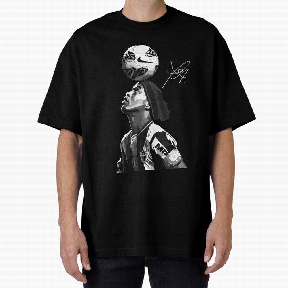 Ronaldinho Black and White Oversized T-Shirt Stand with FIFA World Cup 2026 USA Canada Mexico Centered on CR7, France Energy, Tournament Hype, Historic Matchups, Family Viewing Parties and Global Sports Pride; Perfect for Fans, Collectors, Family