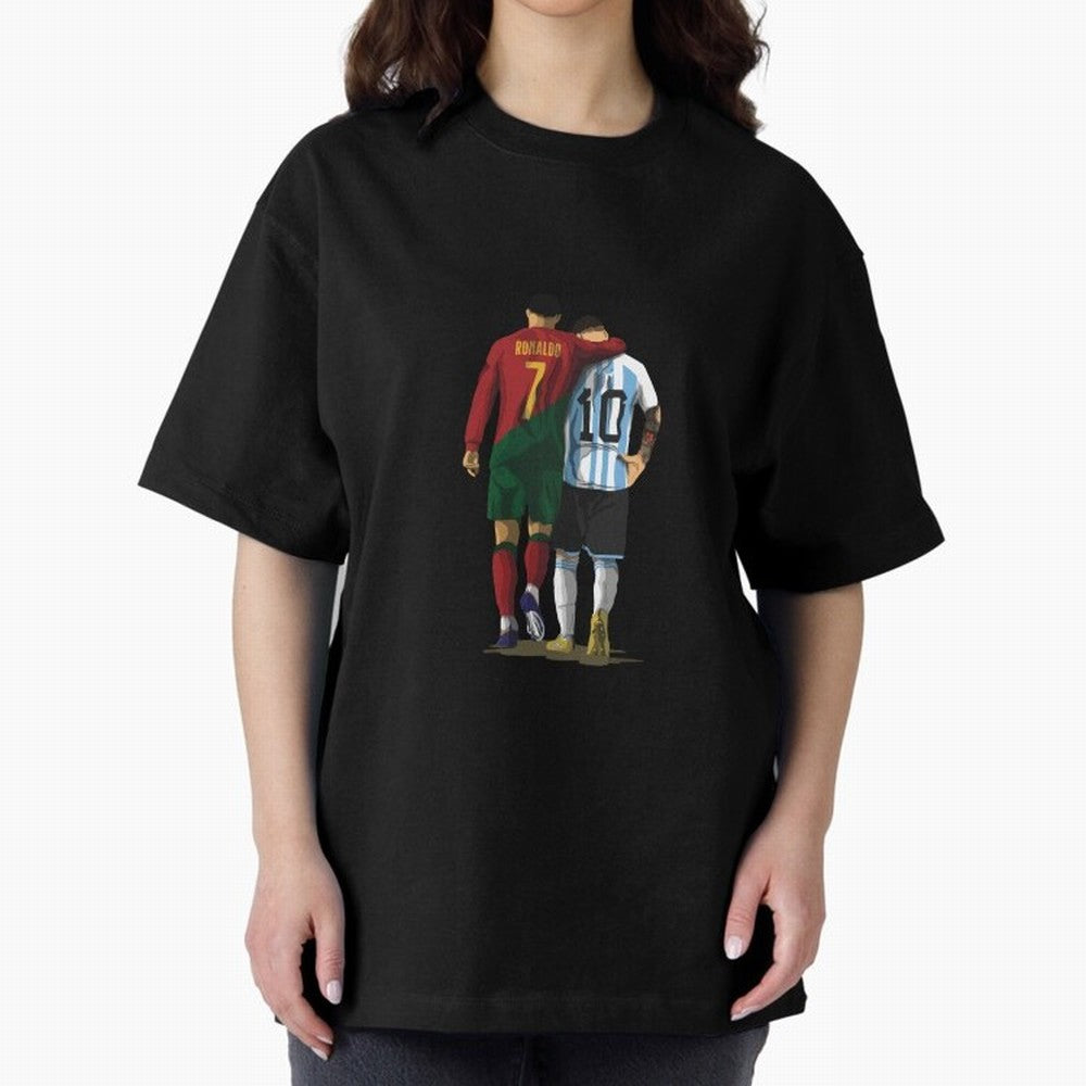 Messi Ronaldo Chit Chat Illustration Classic Oversized T-Shirt Bring Bold Fan Energy to FIFA World Cup 2026 USA Canada Mexico for Fans of CR7 and Spain, Bringing Football History, Final Match Energy, Crowd Noise and Once in a Lifetime Moments;