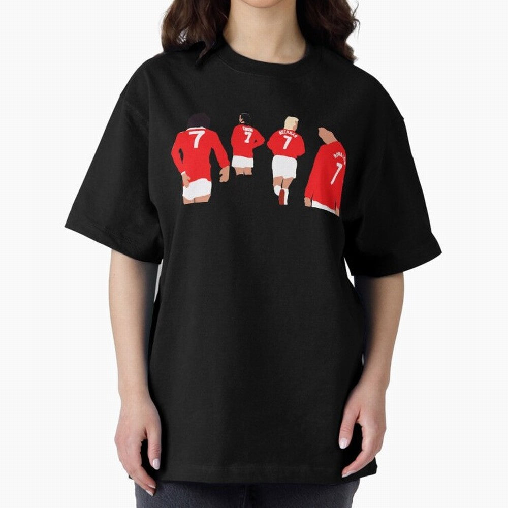 Manchester United Legends Number 7 Best Cantona Beckham Ronaldo Poster Oversized T-Shirt Represent Football Lovers during FIFA World Cup 2026 for Fans of Mbappe and Neymar and France and Portugal, Bringing Soccer Culture, Superstar Moments,