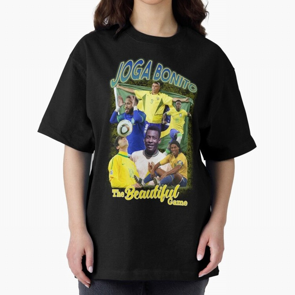 Joga Bonito Brazil Oversized T-Shirt Show Match Day Excitement for Global Football Passion for FIFA World Cup 2026, Connected to Messi and Cristiano Ronaldo, Spain and Netherlands, Worldwide Fan Energy, Dramatic Goals, Stadium Lights and
