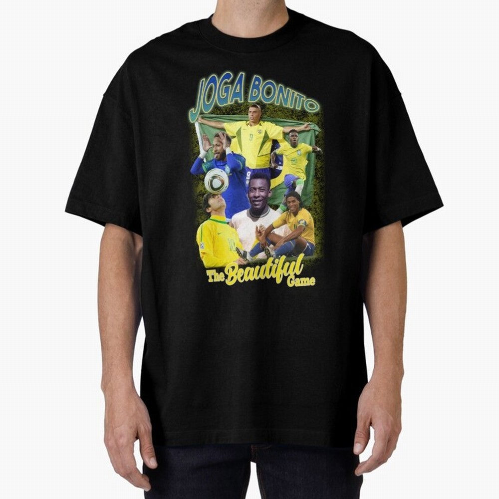 Joga Bonito Brazil Oversized T-Shirt Show Match Day Excitement for Global Football Passion for FIFA World Cup 2026, Connected to Messi and Cristiano Ronaldo, Spain and Netherlands, Worldwide Fan Energy, Dramatic Goals, Stadium Lights and