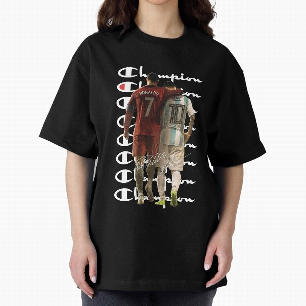 Ronaldos And Messis C-C-H-A-M-P-I-O-N-N Oversized T-Shirt Make Every Match About Global Football Passion for FIFA World Cup 2026, Featuring Haaland and Mbappe, Netherlands, Match Day Excitement, Supporter Culture, Golden Goals and Global Football