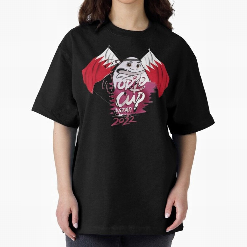 qatar mascot Oversized T-Shirt Capture Stadium Memories from Match Day Hype around FIFA World Cup 2026 Group Stage, Messi, CR7 and Mbappe, Germany, Global Supporter Spirit, Legendary Goals, National Colors and Tournament Celebration; Great for