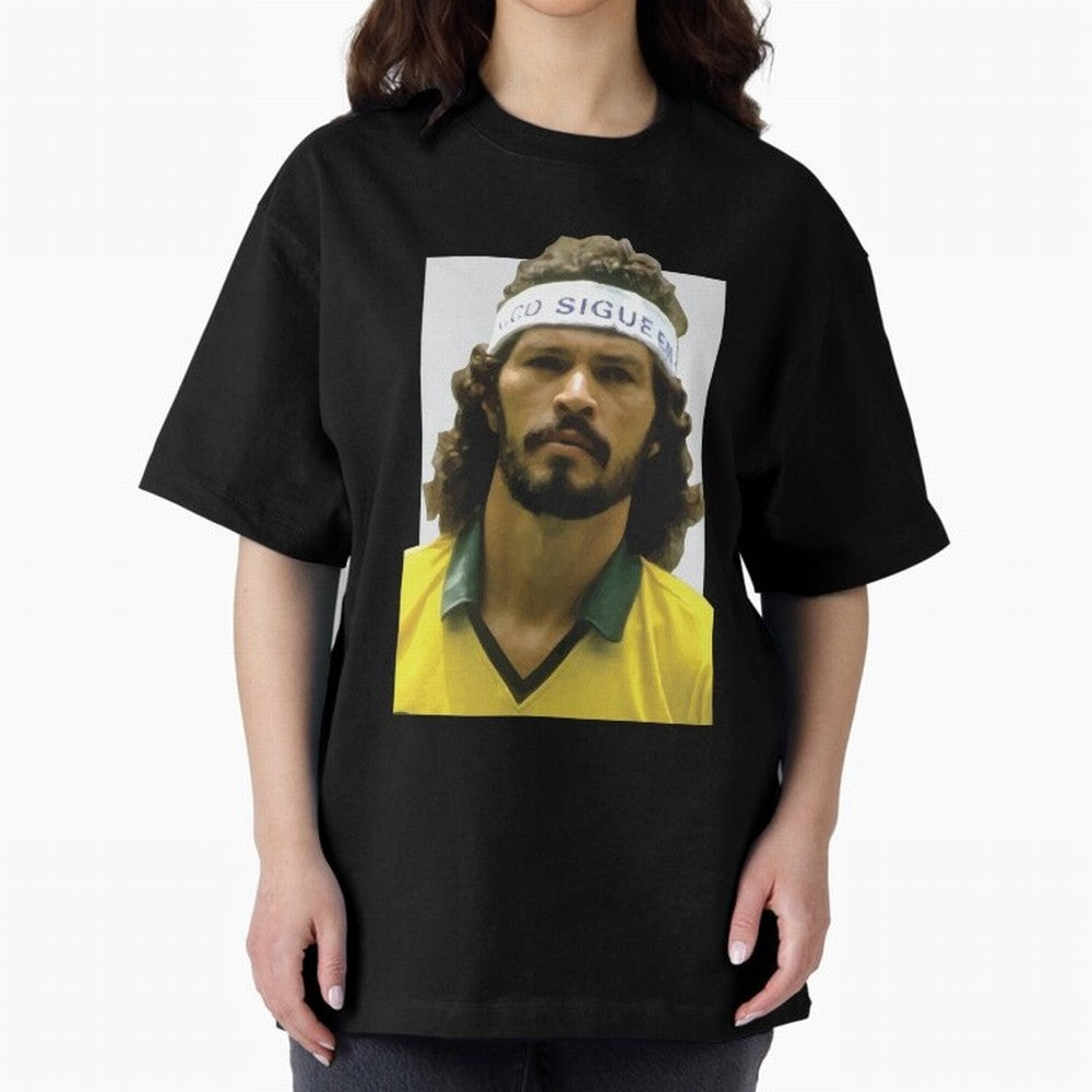 Scrates Football legend Oversized T-Shirt Celebrate Fan Culture around Match Day Hype around FIFA World Cup 2026 USA Canada Mexico, Haaland and Mbappe, England, Game Day Rituals, Football Legends, Country Pride and the Road to the Final; Made for