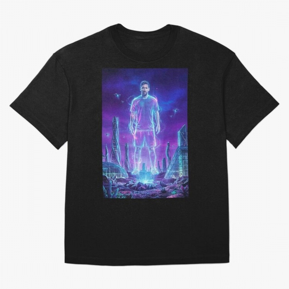 Lionel Messi (GOAT) Hologram in Futuristic Cyberpunk City (Version 5) Classic T-Shirt Fuel Your Fan Pride for FIFA World Cup 2026 Spirit, Centered on England, CR7, Classic Soccer Heritage, Championship Pressure, Fan Loyalty and International Pride;