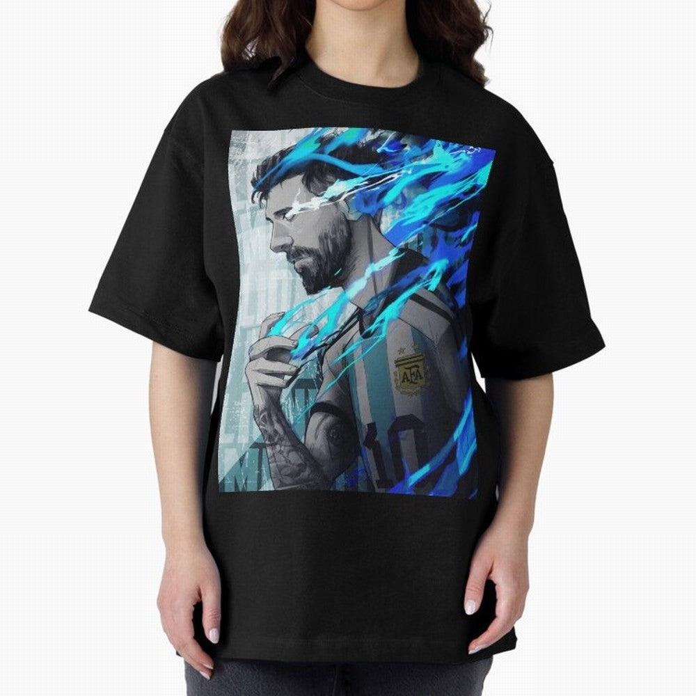 LIONEL MESSI NEW GOAL CELEBRATION ILLUSTRATION 2023 2024 Oversized T-Shirt Celebrate Football Heritage in the FIFA World Cup 2026 Journey through Messi, CR7 and Mbappe Highlights, Portugal, Spain and Germany Pride, Global Supporter Spirit,