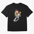 Lionel Messi ¨C Trophy King Caricature Oversized T-Shirt Relive Legendary Nights from FIFA World Cup 2026 Group Stage Inspired by Messi, Neymar and Mbappe, France and Portugal Energy, Match Day Excitement, Supporter Culture, Golden Goals and Global