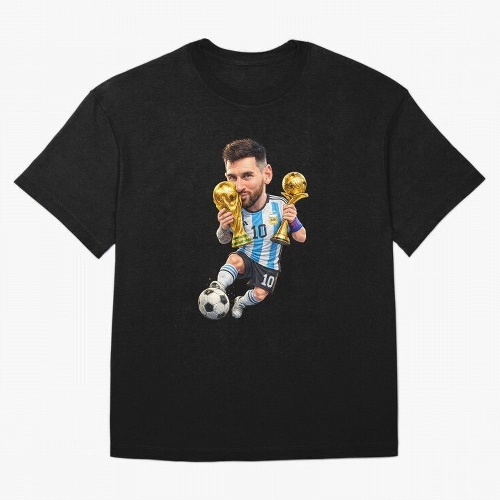 Lionel Messi ¨C Trophy King Caricature Oversized T-Shirt Relive Legendary Nights from FIFA World Cup 2026 Group Stage Inspired by Messi, Neymar and Mbappe, France and Portugal Energy, Match Day Excitement, Supporter Culture, Golden Goals and Global