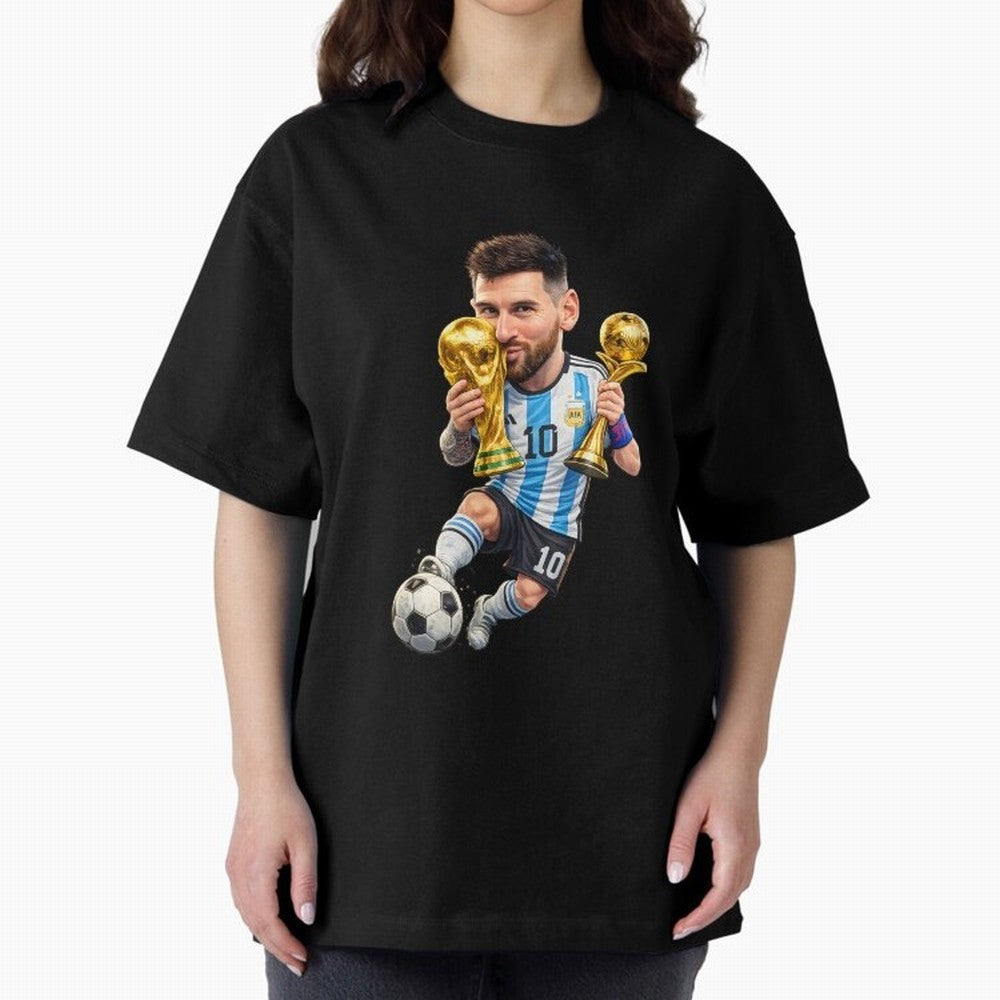 Lionel Messi ¨C Trophy King Caricature Oversized T-Shirt Relive Legendary Nights from FIFA World Cup 2026 Group Stage Inspired by Messi, Neymar and Mbappe, France and Portugal Energy, Match Day Excitement, Supporter Culture, Golden Goals and Global